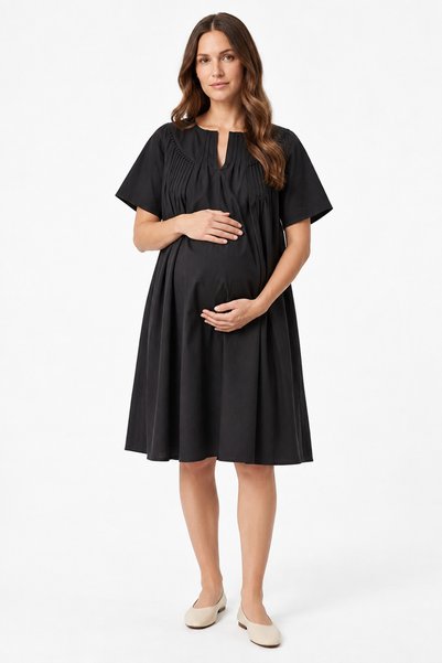 Allyco Ribbed Short Sleeve Maternity Dress with Beaded Collar Detail
