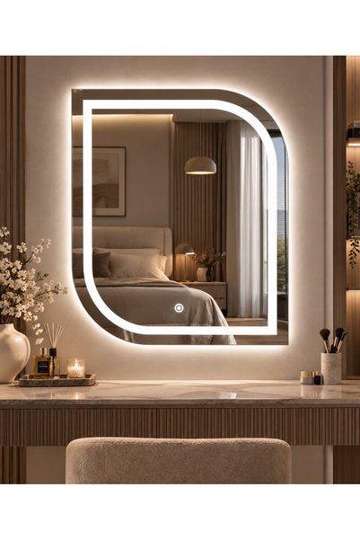 Asimetrik Dokunmatik Kumlu LED Banyo Aynası – Dimmerli Işık Ayarlı, Arkadan Aydınlatmalı Dekoratif Duvar Aynası