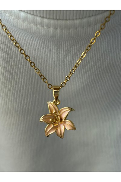 SWANOVAJEWELRY Pudra Pembe Lilyum Çiçek Figürlü Mineli Gold Kaplama 45+5 cm K...