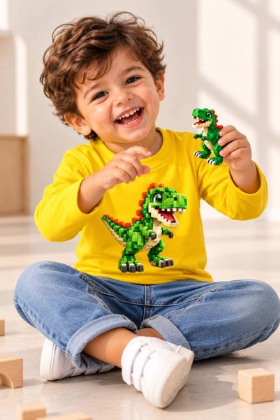 Yarusya Erkek Çocuk Uzun Kollu Tişört %100 Pamuk Dinozor Baskılı Piksel T-Rex...