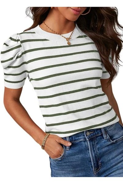 Dokotoo Women's Short Puff Sleeve Knit Tops 2026 Trendy Crewneck Striped T Sh...