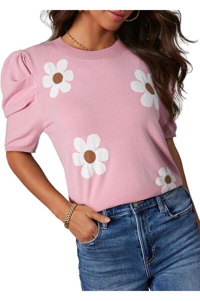 Dokotoo Women's Short Puff Sleeve Knit Tops 2026 Trendy Crewneck Striped T Sh...