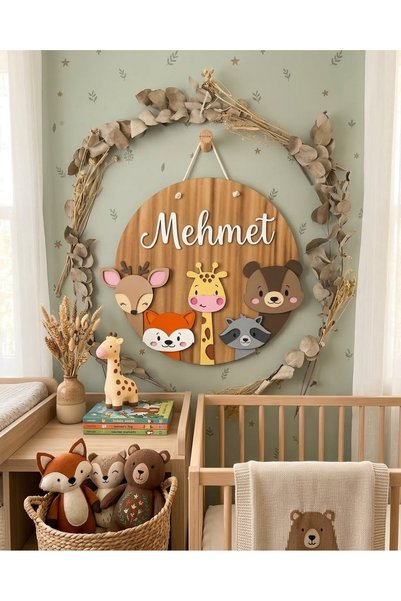 mebaconcept Kişiye Özel İsimli Ahşap Bebek Kapı Süsü Safari Hayvan Figürlü Ye...