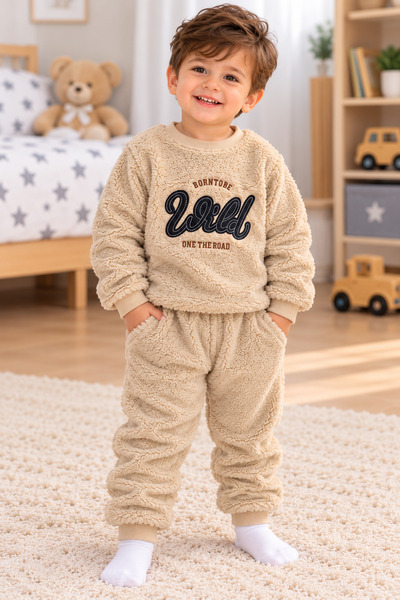 SERPİL Boy's Welsoft Plush Pajama Set Born to Be Wild Patterned Top and Botto...