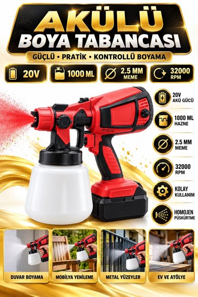 RUFTPRO 20V Akülü Boya Tabancası 1000 ml Hazneli 2,5 mm Nozullu Şarjlı Ahşap ...