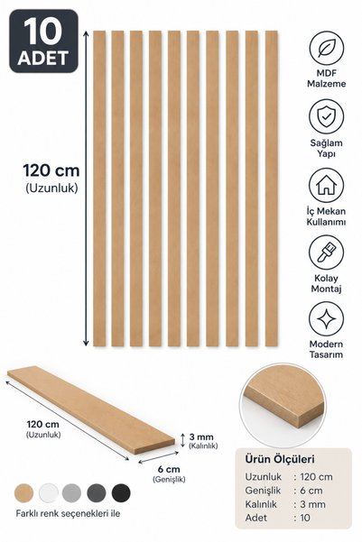 Rapithwin 10 adet Boyanabilir Iskandinav MDF Duvar Çıtası 3 Mm Kalınlık X 120 Cm Uzunluk X 6 Cm Genişlik
