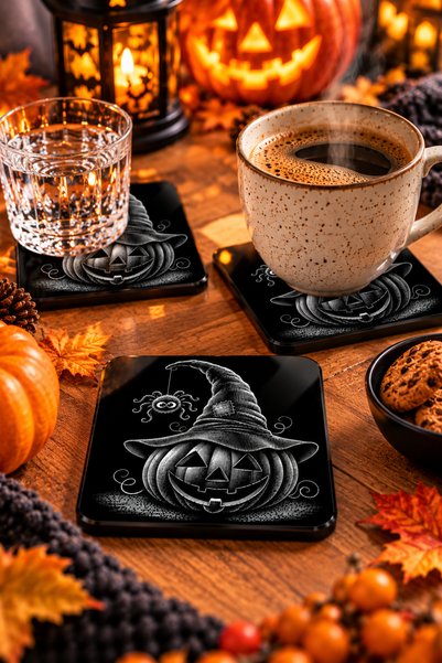 PakerStudio Halloween-Themed Acrylic Laser-Engraved Coaster (with Witch Hat, Pumpkin, and Spider Patterns) (Felt Base)
