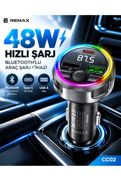 Remax CC02 48W Bluetooth FM Transmitter RGB LED Işıklı Hızlı Araç Şarj Cihazı