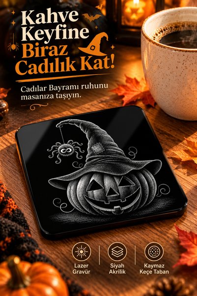 PakerStudio Halloween-Themed Acrylic Laser-Engraved Coaster (with Witch Hat, Pumpkin, and Spider Patterns) (Felt Base)