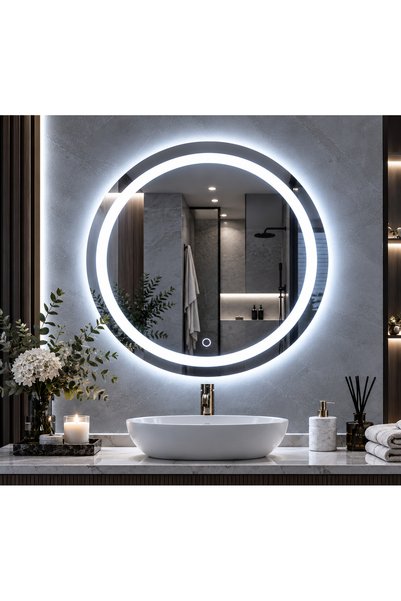 Yuvarlak Dokunmatik Kumlu LED Banyo Aynası, Dimmerli Işık Ayarlı, Arkadan Aydınlatmalı Modern Dekoratif Duvar Aynası