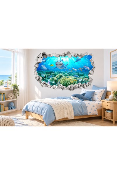 MaisonVelinCo Undersea Shark and Dolphin Themed 3D Look Broken Wall Sticker f...