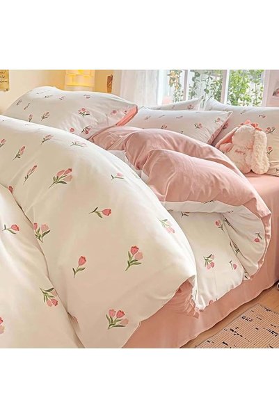 GENERAL Tazweeq 4 Pcs Floral Comforter Set, Tulips Pattern, Soft, Washed Cott...