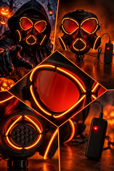 DODOMAR Turuncu Neon Işıklı Gaz Maskesi Halloween Cadılar Bayramı Kablolu Kon...