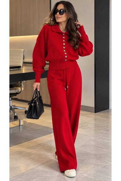 Lavanta Tekstil Polo Collar Knitwear Sweater Trouser Set