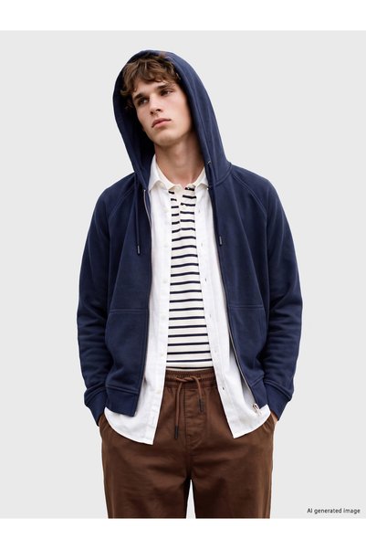 LC Waikiki Nevavm Navy Blue Plain Standard & Regular Men's Zippered Sweatshir...