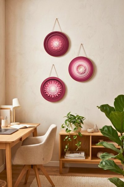 Nod Set de 3 tablouri rotunde „Mandala cu flori roz”, decor de perete din lem...