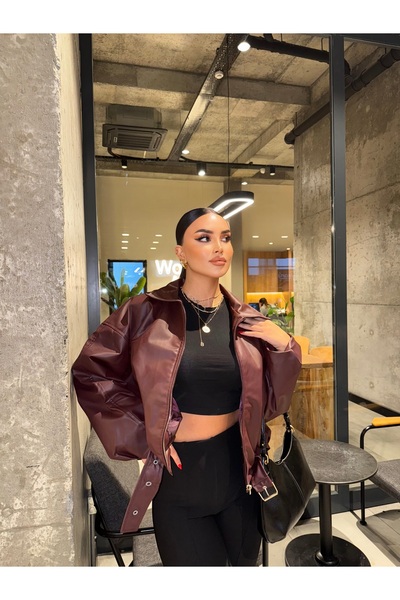 Mevsim Butik Bordo Kemer Detay Oversize Deri Ceket