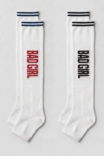 EFFE 2 Pairs of Slogan-Printed Striped Towel-Soled Women's Over-The-Knee Socks