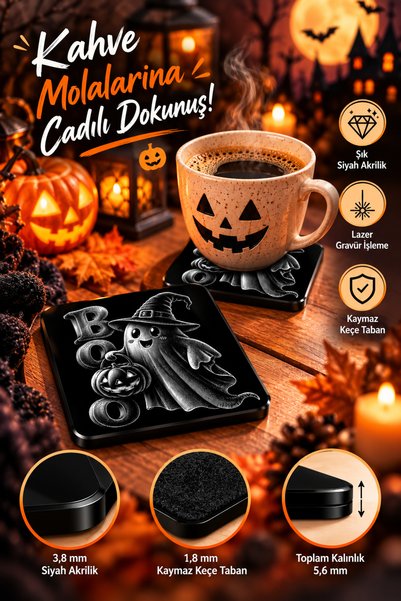 PakerStudio Halloween (Boo Ghost and Pumpkin Patterned) Themed Acrylic Laser-Engraved Coaster (Felt Base)