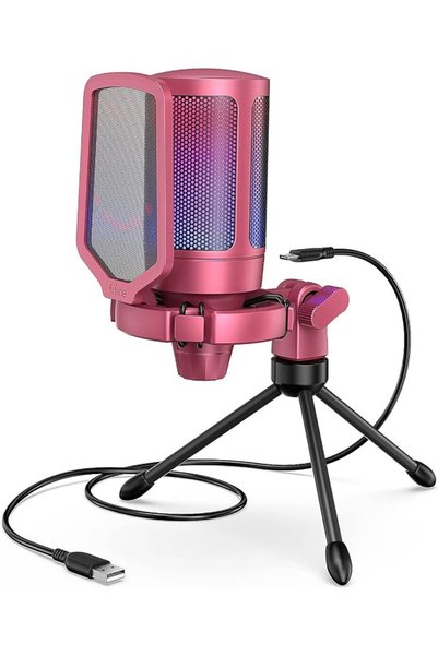 Fifine ميكروفون ألعاب AmpliGame A6V USB، ميكروفون مكثف RGB للبث المباشر