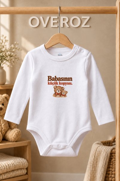 Overoz Dad Written Baby Bodysuit Teddy Bear Printed White Long Sleeve Snap Fa...