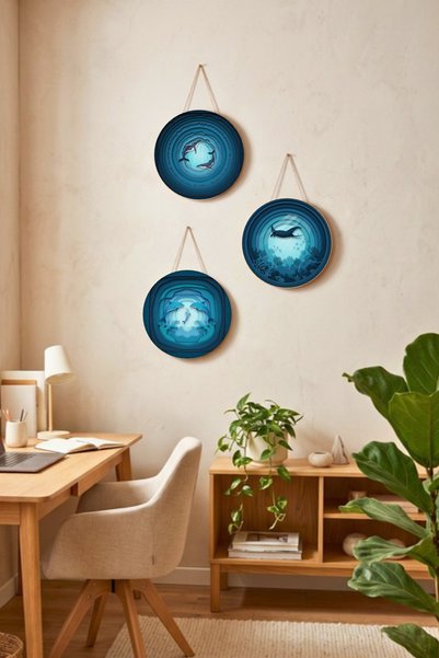 Nod Set de 3 tablouri rotunde cu balene și delfini, decor de perete din lemn ...