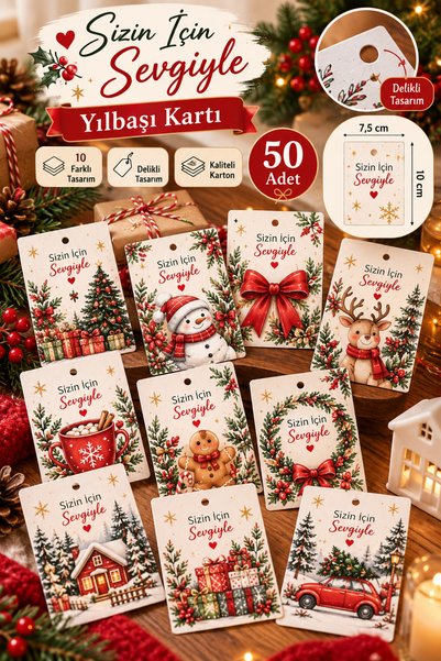PAMEPAW Yılbaşı Kartı 10x7,5 Cm. Sizin Için Sevgiyle (DELİKLİ) - 50 Adet