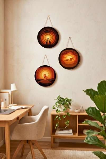 Nod Safari Animals Set of 3 Round Paintings with String Mdf Wood Wall Decor L...