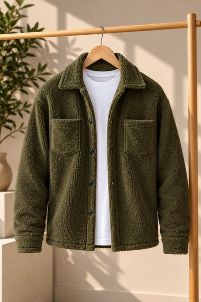 The Hench Men's Button-Closure Plush Shirt Jacket with Pocket Detail