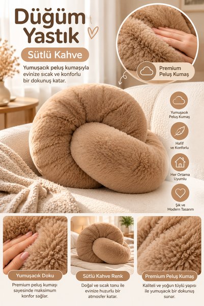 Genel Markalar Peluş Düğüm Yastık - Sütlü Kahve Modern Bohem Dekoratif Yastık 36 cm-Özel Tüylü Kumaş