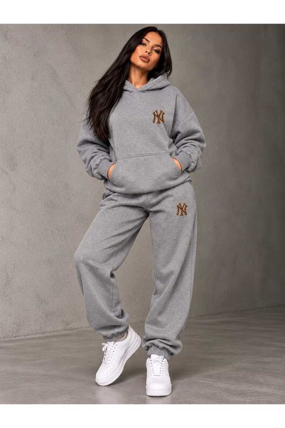 YK WEAR Unisex Leopard Letter Printed Oversize Hooded Kangaroo Pocket Tracksu...