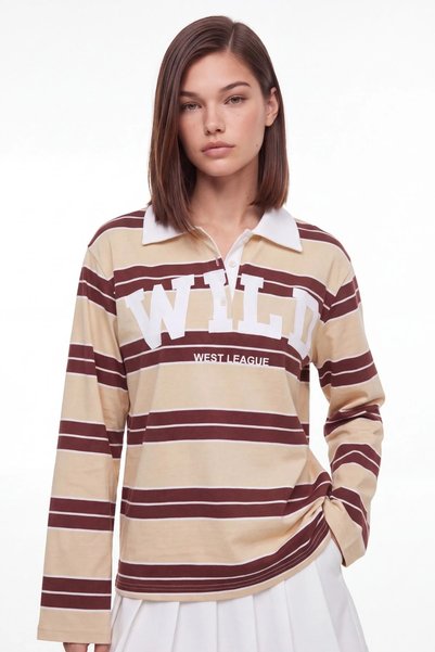 cemo Çizgili Polo Yaka Slogan Baskılı Oversize Kadın Sweatshirt