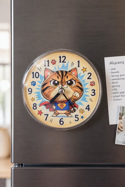 KaktüsKedi Mıknatıslı Buzdolabı Saati - Supercat Tasarımlı Sessiz Akar Saniye...