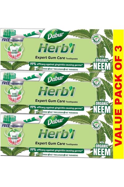 Dabur معجون أسنان عشبي بالنيم 150 جرام + فرشاة أسنان (عبوة من 3 قطع) |   مُغن...