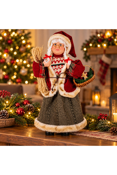 SBR Decorative figurine Mrs. Santa Claus with basket, 45 cm, red rustic costume