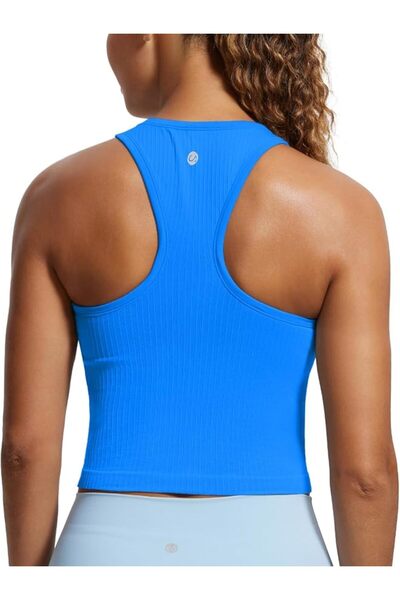 CRZ YOGA Womens Seamless Ribbed Longline High Neck Sports Bra - Racerback Pad...