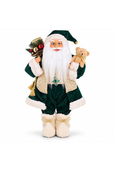 SBR Decorative Santa Claus with teddy bear and gift bag, 45 cm, green and gilded