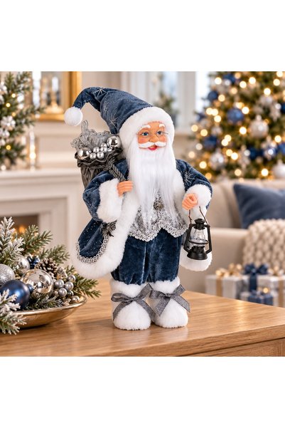 SBR Figurină decorativă Moș Crăciun cu sac și felinar, 31 cm, albastru și arg...
