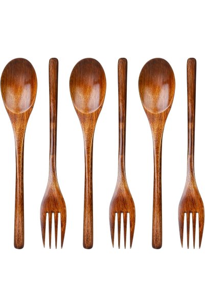 Generic 6Pcs Wooden Spoons and Forks Cutlery Set, Reusable Wooden Utensil Set...