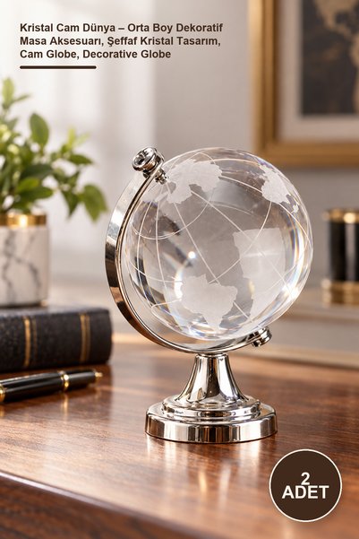 Yenilig 2 Adet Kristal Cam Dünya – Orta Boy Dekoratif Masa Aksesuarı, Şeffaf Kristal Tasarım, Cam Globe, Decorative Globe