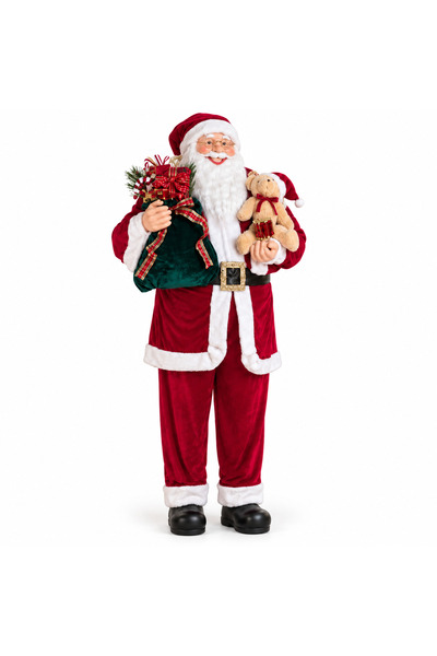SBR Decorative Santa Claus with teddy bear and gift bag, 155 cm, velvet red suit