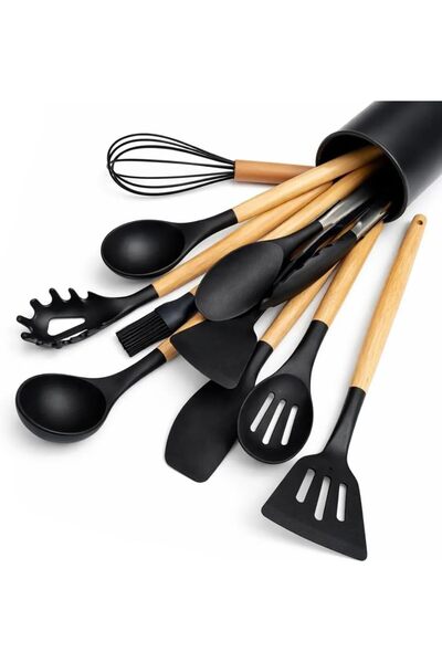 ECVV 12PCS Silicone Kitchen Utensil Set with Natural Wooden Handles, [Random ...