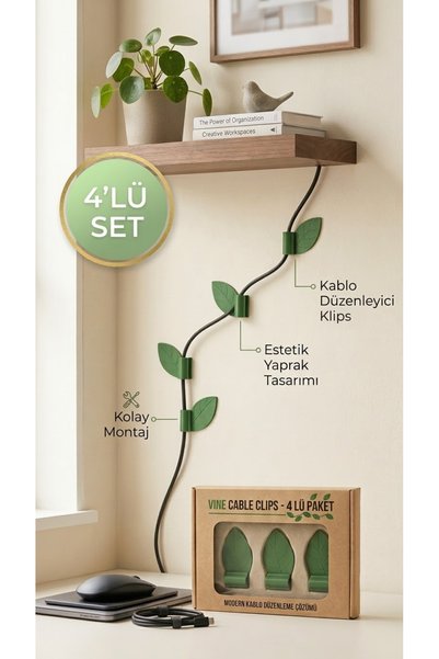 BRE HOME 4’lü Yaprak Tasarımlı Kablo Düzenleyici Klips Seti – Dekoratif Yapış...