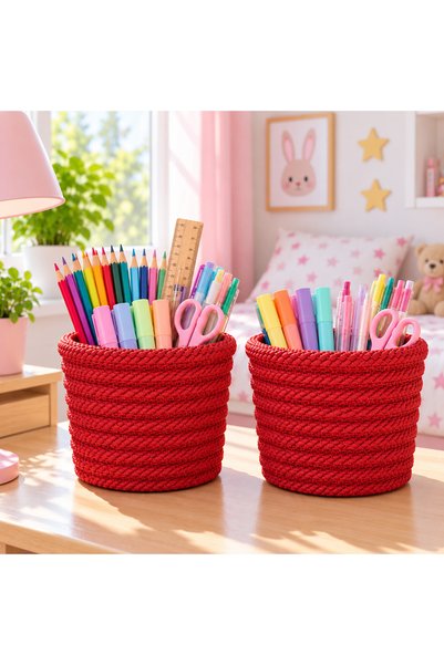 EGE ÖRGÜM 12X11 cm Mini 2-Piece Multi-Purpose Wicker-Look Mesh Basket, Pen Ho...