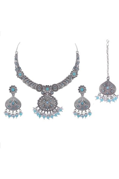 Efulgenz Choker Necklace and Earrings with Maangtikka Indian Oxidized Jewelry...