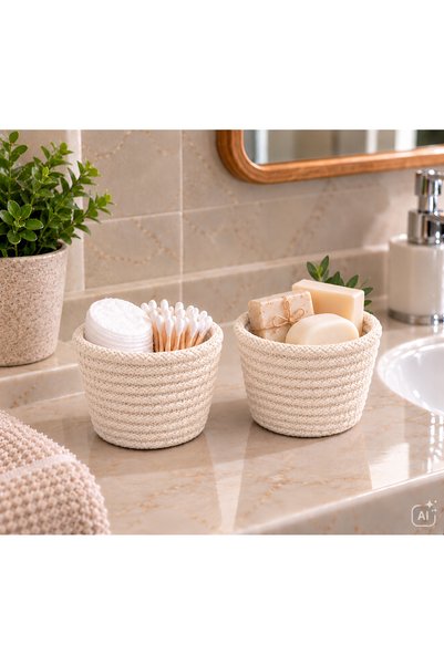 ÖRGÜM 2-Piece Mini Wicker Look Basket 8X6 cm – Multi-Purpose Bathroom Organiz...