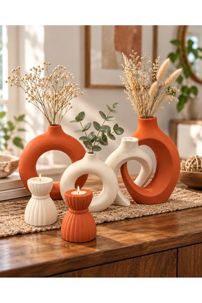 aden home 6 Parça Dekoratif Vazo ve Mumluk Seti 4'lü Modern Vazo ve 2'li Muml...