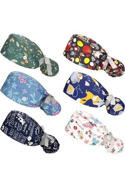 Generic Printed Scrub Caps with Button and Ponytail Holder, Medical Bouffant ...