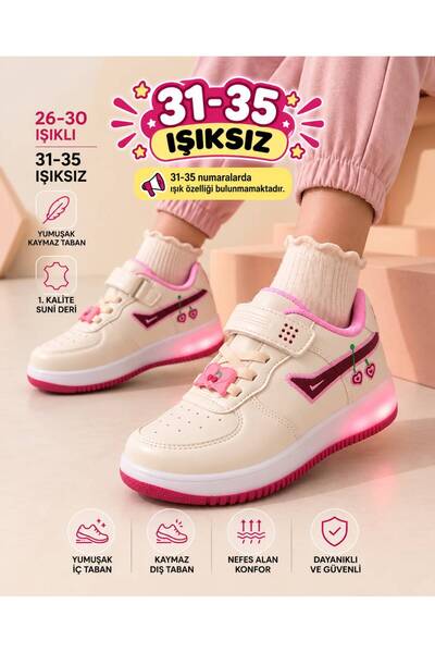 TOOM Işıklı Kız Çocuk Okul Kiraz Detaylı Cırt Cırtlı Sneaker Spor Ayakkabı (2...