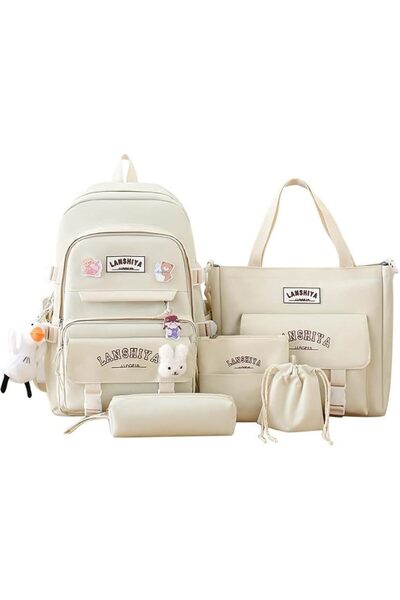 AOHRYME 5Pcs Kawaii Canvas School Backpack Combo Set with Pear Pendant Cute P...